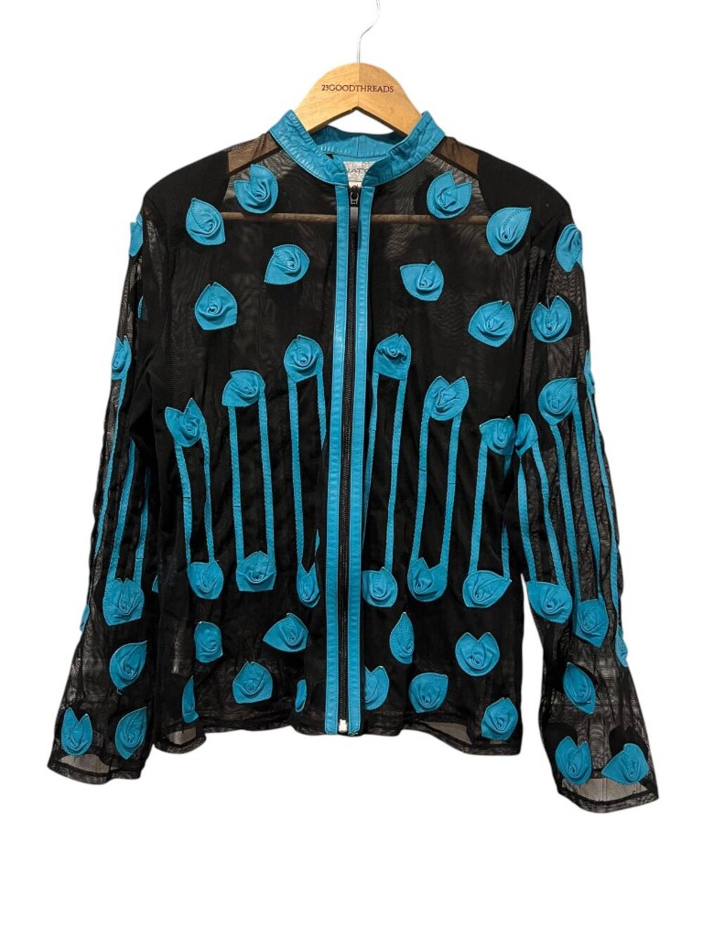 Natto Vtg Leather Leaves Rosettes Mesh Zip Jacket, Black Turquoise, L